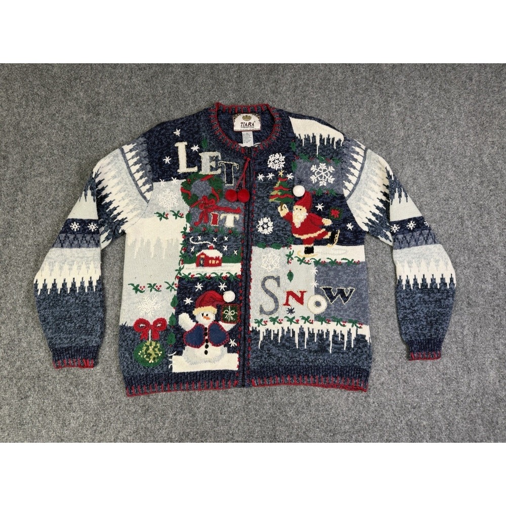 Vintage 2002 Tiara International Full Zip Christmas Sweater Size XL Let It Snow